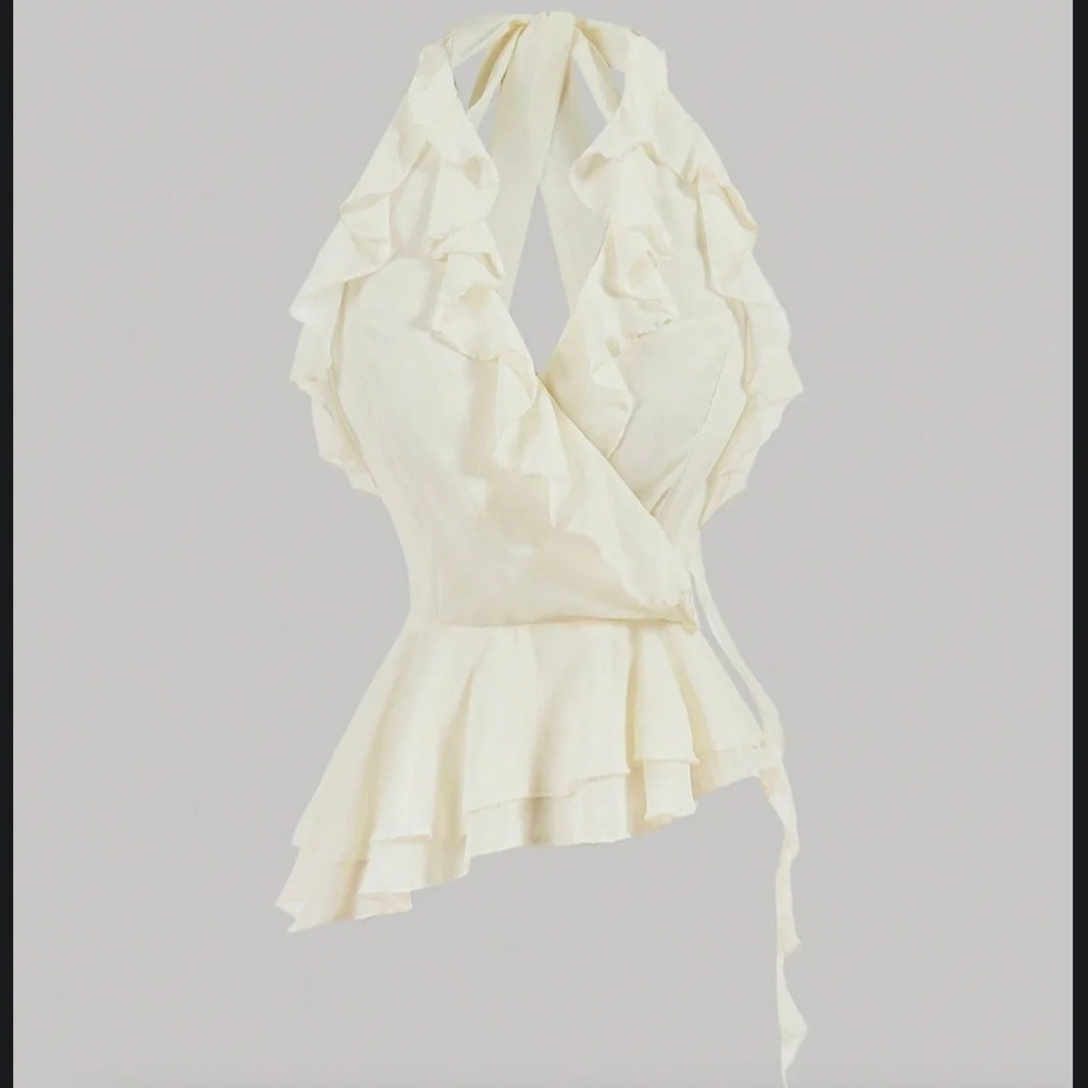 4 6 S Stretchy Ruffle Halter Top Cream Asymmetrical Hem lightweight shirred